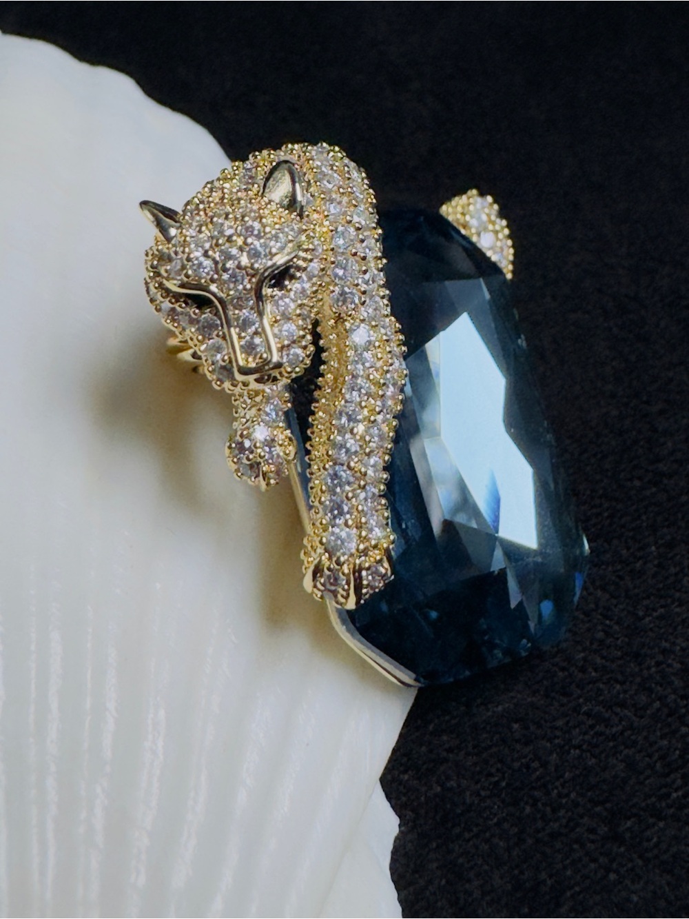 Gold-Tone Panther Crystal Brooch with Deep Teal Stone - Picture 5 of 10
